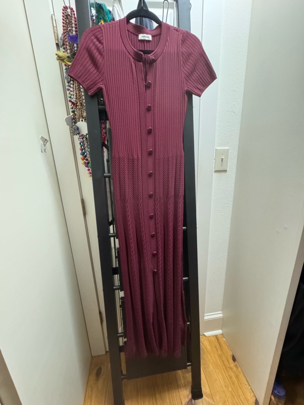 Sandro Ribbed Button-Front Maxi Dress in Burgundy